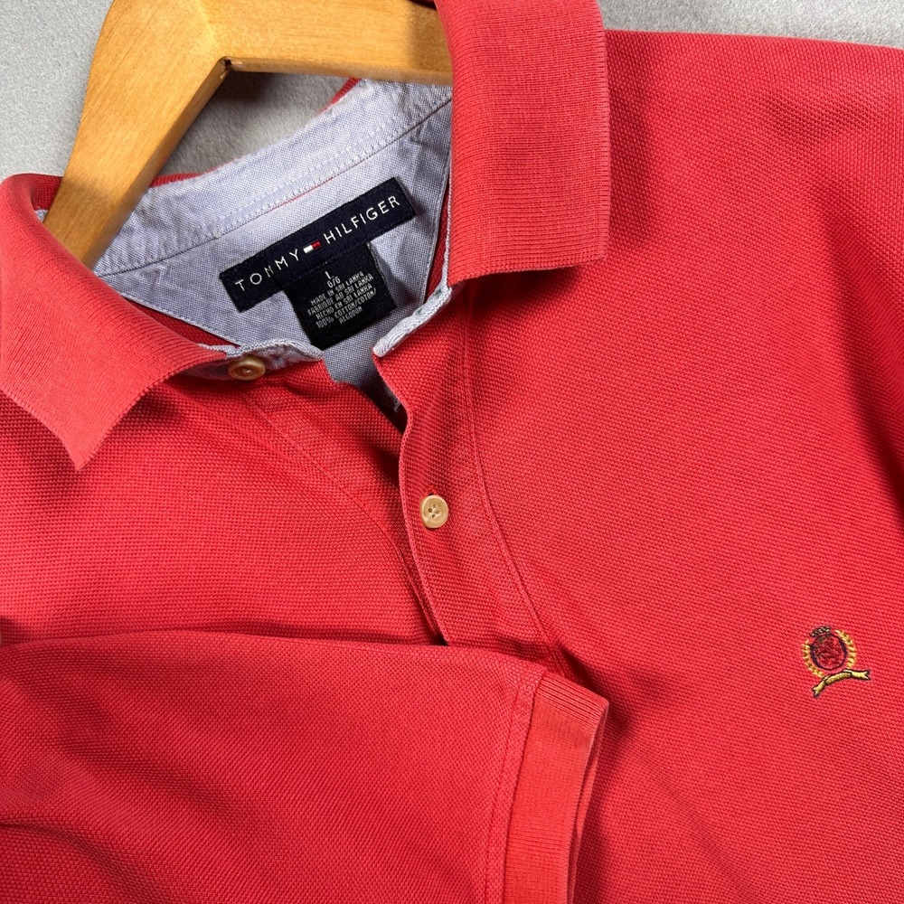 Vintage Preppy Y2K 90s Tommy Hilfiger Mens L Pink Salmon Pique Crest Logo Polo